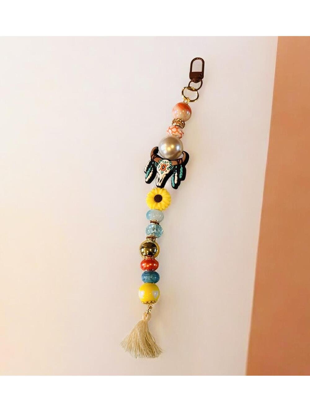 398 New Handmade Boho Style 9" Beaded Longhorn Skull Keychain Bag Clip R0000398